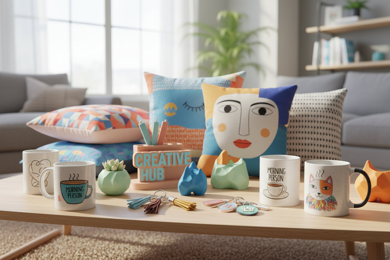 negocio de productos personalizados, tazas, cojines, llaveros, impresión 3d, etc.